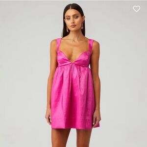 For Love & Lemons Selena Bright Pink Mini Babydoll Plunge Preppy HOT Dress NWT